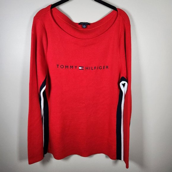 Tommy Hilfiger Sweaters - Tommy Hilfiger Sweater Womens Red White Blue XXL 2XL Colorblock Striped Logo Y2K